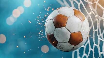 High energy Soccer Ball Forcefully Hitting the Goal Net Generating Dramatic Sparks and Highlighting the Intensity and Triumph of the Game