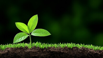 Naklejka premium New Life in Green: A vibrant green sprout emerges from the rich, dark soil, with lush grass surrounding it, against a background of varying shades of green.