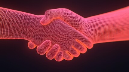 Glowing Wireframe Overlay of Two Hands Shaking in a Business Handshake Representing the Digital and Futuristic Concept of Corporate Partnership and Successful Synergy