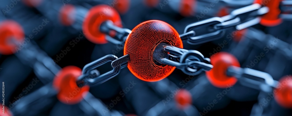 Poster abstract 3d rendering of a network security chain with glowing red data links.