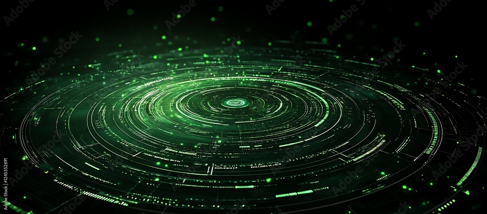 Poster abstract futuristic green digital interface with concentric circles and data streams