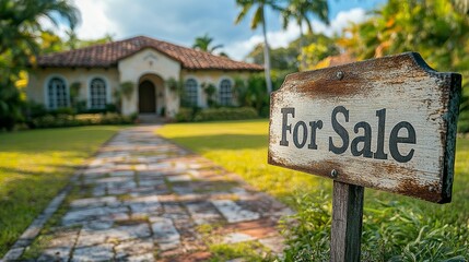 Obraz premium Charming tropical house for sale with rustic sign and palm trees in lush garden setting