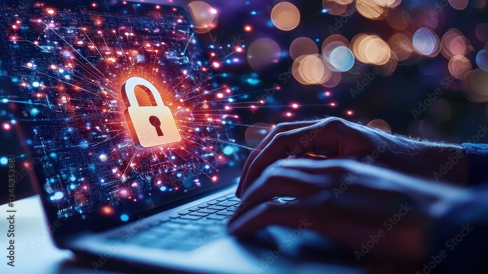 Poster software engineer working on a laptop with a security lock graphic overlaid on the screen, signifyin