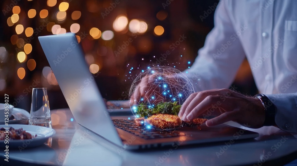 Poster professional using laptop for document management with holographic icons, software, database technol