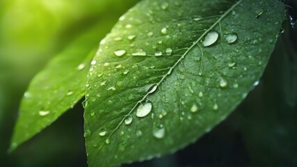 Fresh green leaf with glistening water droplets, creating a beautiful pattern in serene, peaceful setting.