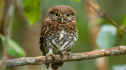 Focused Gaze - Intimate Portrait of a Resilient Pygmy Owl Amidst the Verdant Wilderness