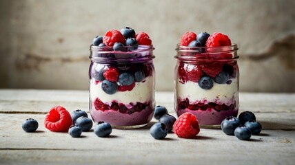 Blueberry and raspberry parfaits in mason jars