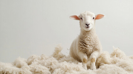 Fototapeta premium fluffy lamb stands relaxed on pile of wool, ears perked up