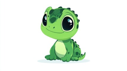 Fototapeta premium Cute green lizard cartoon, sitting, white background, children's book illustration