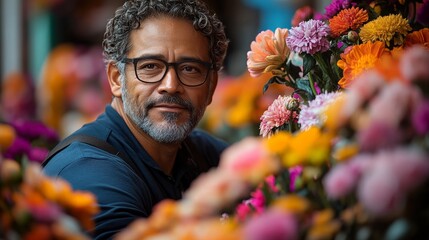 Obraz premium Mature hispanic male in flower shop surrounded by colorful blooms