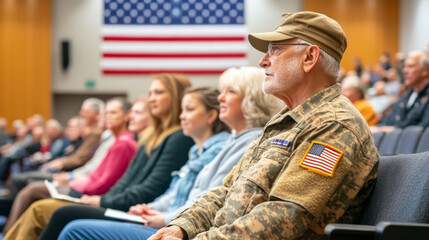 group of veterans and their families gathered in hall, listening attentively