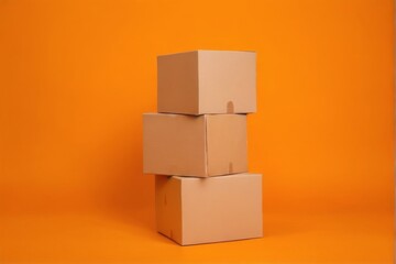 Fototapeta premium Cardboard boxes stacked in pyramid formation on orange background in flat lay style with light brown color.