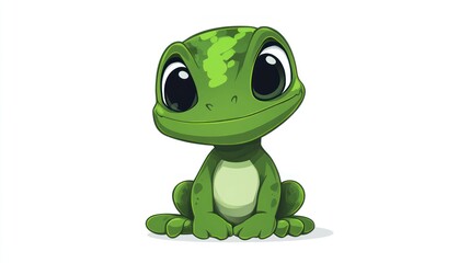 Fototapeta premium Cute green gecko cartoon sitting, white background, children's book illustration