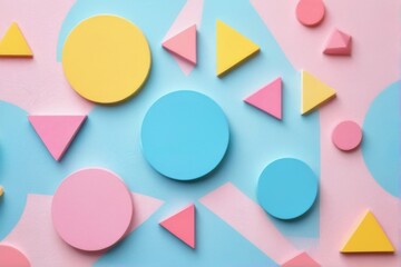 Modern and Minimalistic Geometric Shapes Flat Lay on Pastel Background with Vibrant Colors Creating Cheerful and Playful Atmosphere