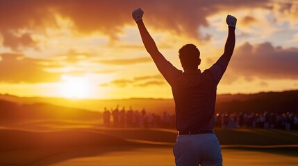 Man Celebrating Successful Putt on the 18th Hole at Sunset with Crowd Cheering in the Background