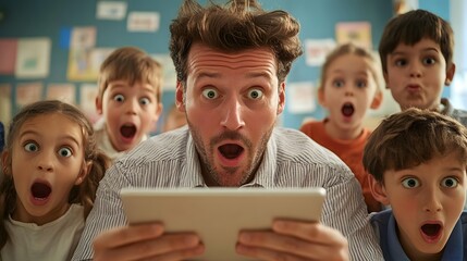 Engaging Male Teacher Using Tablet to Show Exciting Educational Content to Enthusiastic Children in Classroom