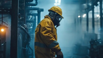 Industrial worker in yellow protective gear with tool, face shield, gloves, standing in construction site with foggy atmosphere.
