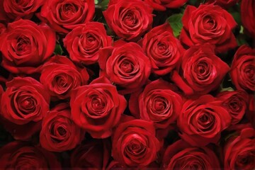 Obraz premium Closeup of vibrant red roses arranged to overlap, showcasing deep red petals, lighter centers, and dark green leaves. Romantic and elegant.