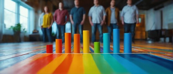 Team of people analyzing colorful bar graphs in vibrant room with striped floor and high ceiling. Teamwork concept.