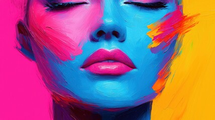 A vibrant, artistic portrayal of a woman's face, featuring bold colors and abstract makeup against a bright background.