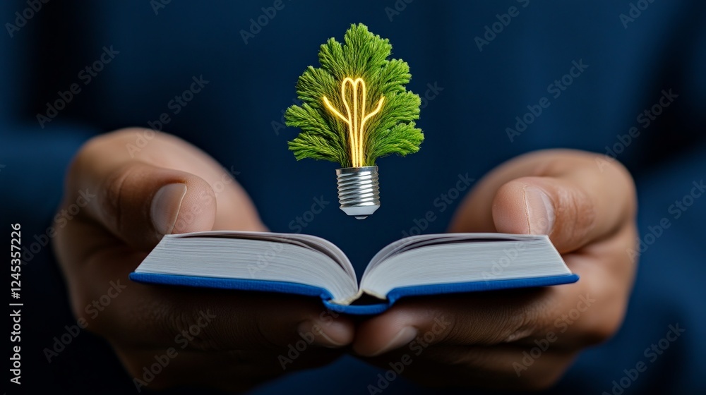 Poster eco-friendly innovation: a visual metaphor showcasing a lightbulb with a leafy top emerging from an 