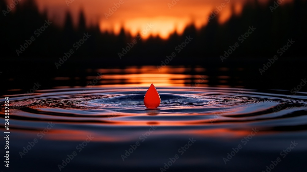 Poster sunset drop: capturing the instant a drop of water impacts water, with a fiery sunset reflected in r