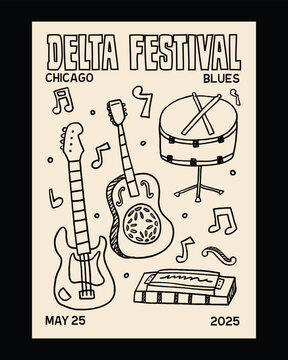 Hand-drawn doodle-style illustration of a blues music festival poster, featuring guitars, a harmonica, and a snare drum, perfect for event branding and music promotions.