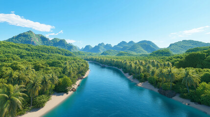 Fototapeta premium vibrant aerial view of narrow river winding through lush green forest and mountains