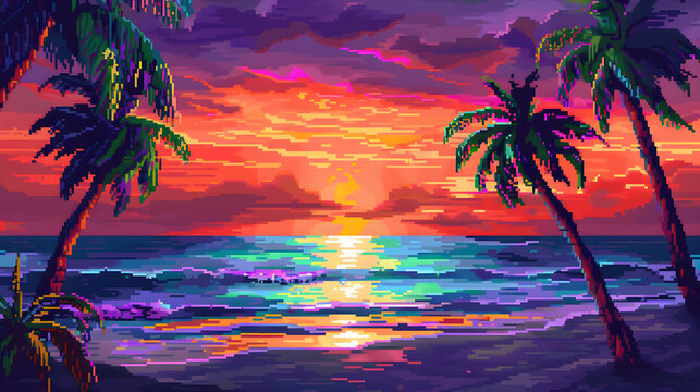 Surreal Sunset Over Pixelated Ocean with Palm Trees in Retro 8-Bit Style