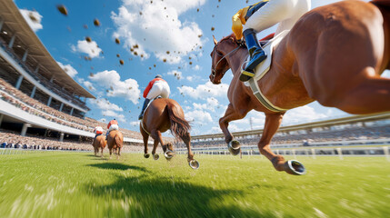 wide angle shot captures thrilling horse race in packed stadium