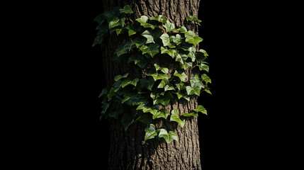 Obraz premium Ivy climbing a tree trunk against a black background.