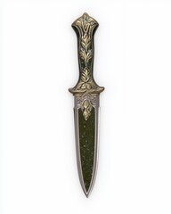 Ornate Gold and Green Dagger with Intricate Detailing on White Background