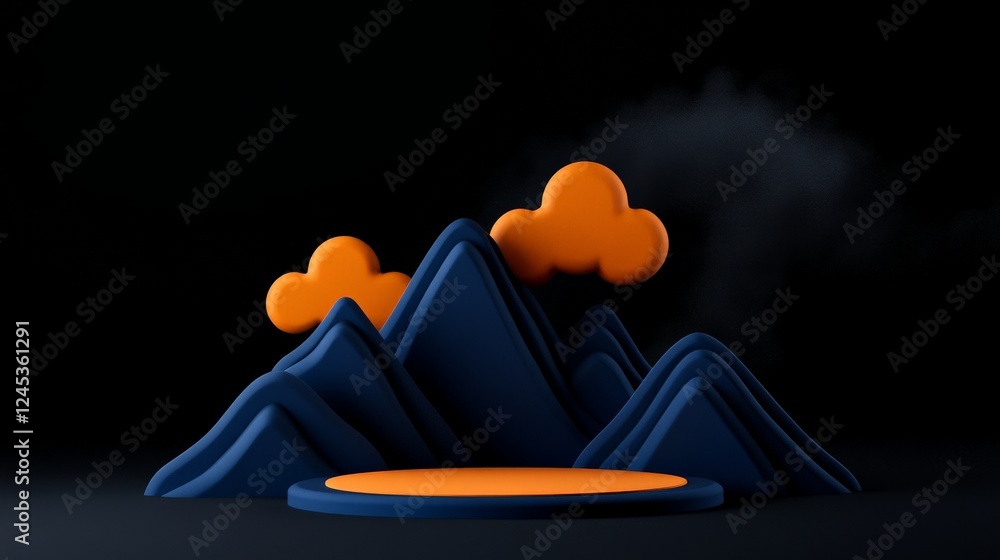 Poster Digital Mountains: A 3D rendered scene of stylized mountains and floating clouds, a perfect backdrop for showcasing a product or idea.