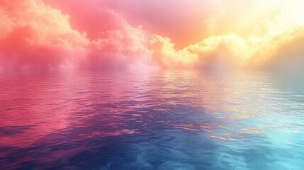 Obraz premium Vibrant sunset reflecting on calm ocean water, colorful cloudscape.