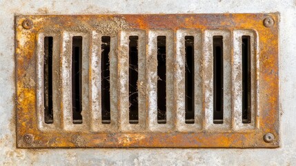 A messy air vent grille covered in dust on a living room wall.