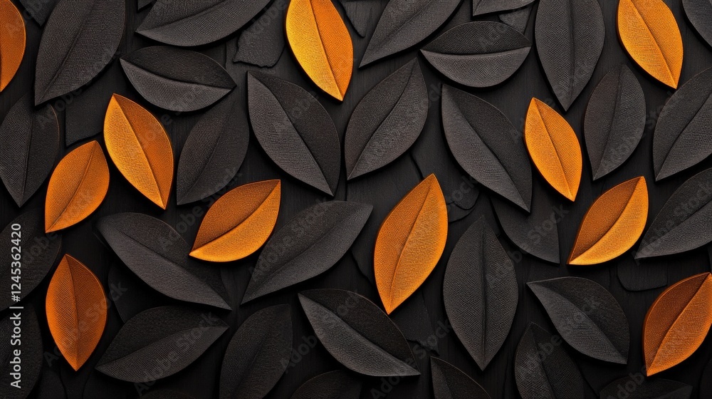 Poster autumnal leaf texture: an artistic abstract texture background, featuring dark gray and orange leave