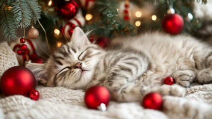 Obraz premium Festive cat lying under a Christmas tree, surrounded by decorations