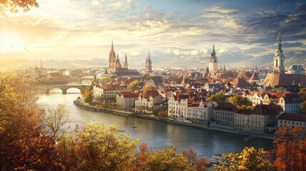 Fototapeta premium Scenic Autumn View of Historic City by the Water with Mountains