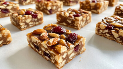 Nut bars with almonds and cranberries arranged on white surface