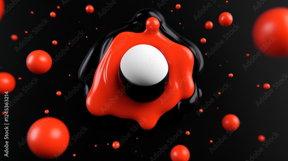 Poster abstract sphere composition: a dynamic visual of floating spheres and liquid paint forms, with a cen