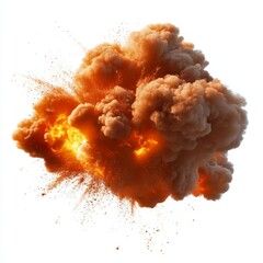 Isolated fiery explosion, smoke plume, white background, VFX