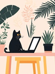 Cozy Feline Workspace with Laptop  Colorful Desk Decor  and Lush Greenery