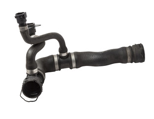 Black plastic hose of the car engine cooling system on a white isolated background in a photo...