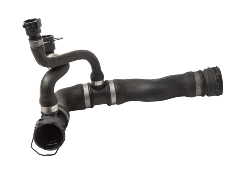Black plastic hose of the car engine cooling system on a white isolated background in a photo studio for replacement during repair or for a catalog of spare parts for sale on auto disassembly.