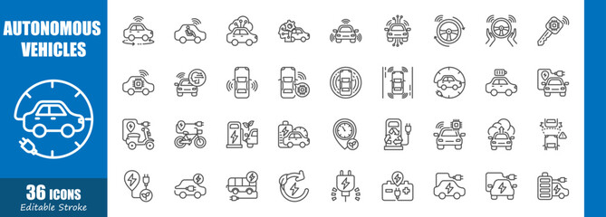 Autonomous vehicles and electric vehicle . Technology outline icon collection . Editable stroke . Vector .