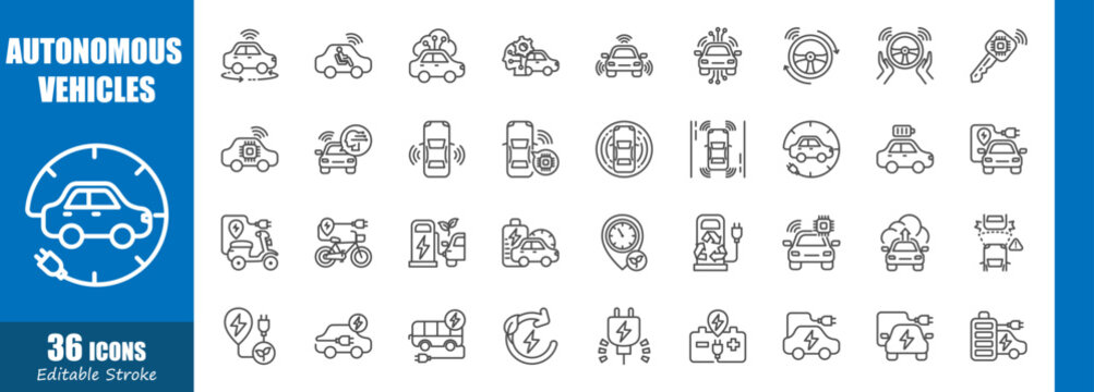 Autonomous vehicles and electric vehicle . Technology outline icon collection . Editable stroke . Vector .