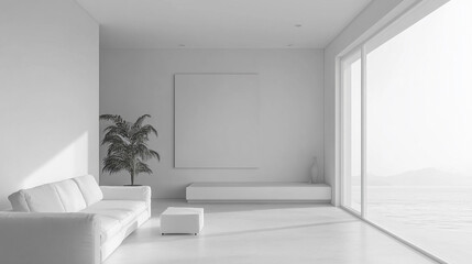 A luxurious bay window with floor-to-ceiling glass panels and panoramic views, Modern minimalist living room with panoramic snowy mountain view and fireplace.