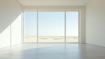 A luxurious bay window with floor-to-ceiling glass panels and panoramic views, Modern minimalist living room with panoramic snowy mountain view and fireplace.