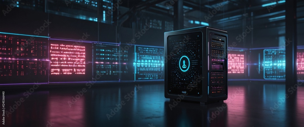 Poster cybersecurity data center: a futuristic server, glowing with vibrant neon accents, stands sentinel i