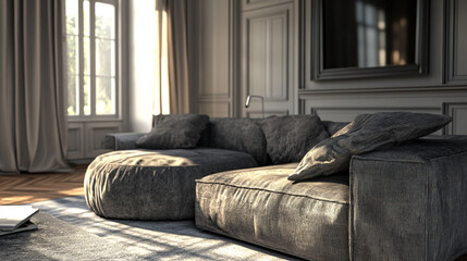 Modern sectional sofa with orange pillows in a contemporary living room. A large sectional sofa with a black and white abstract painting on the wall